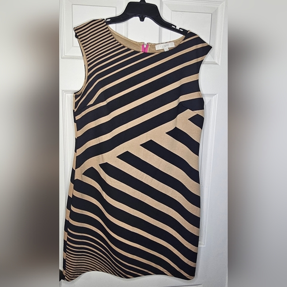 LOFT Size 10 Sleeveless Striped Sheath Dress | Black Tan with Pink Zipper - Picture 3 of 4